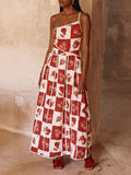 Unique Printed Floral Trim One Shoulder Flared Maxi Dress