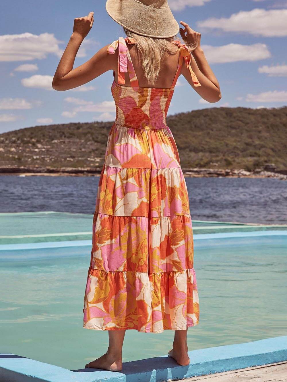 Sleeveless Sea Charm Pleated Stretch Chest Print Cami Dress